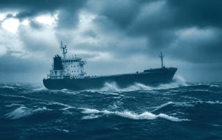 Navio cargueiro inclinado em mar tempestuoso e cinzento
