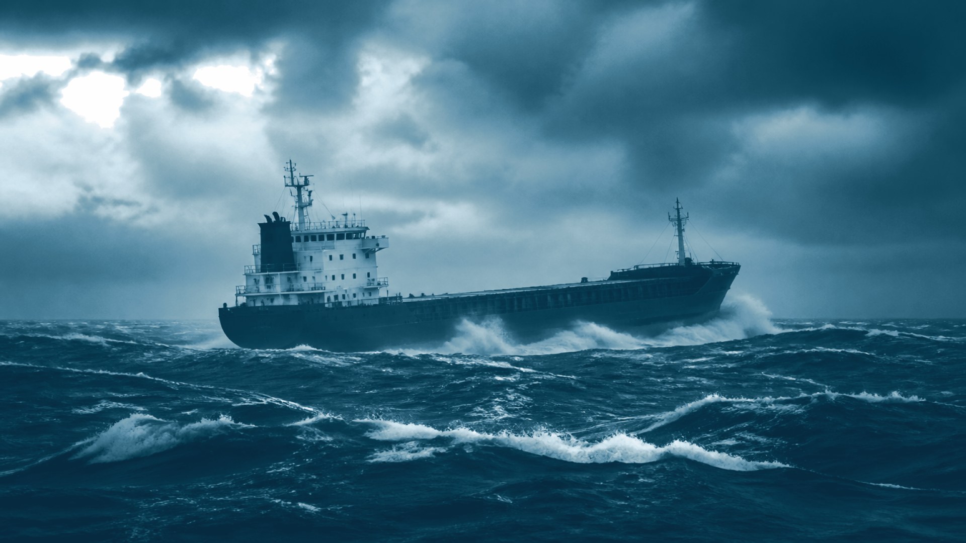 Navio cargueiro inclinado em mar tempestuoso e cinzento