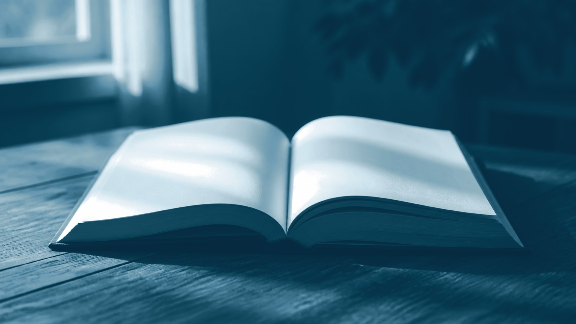Livro aberto com páginas em branco sobre mesa