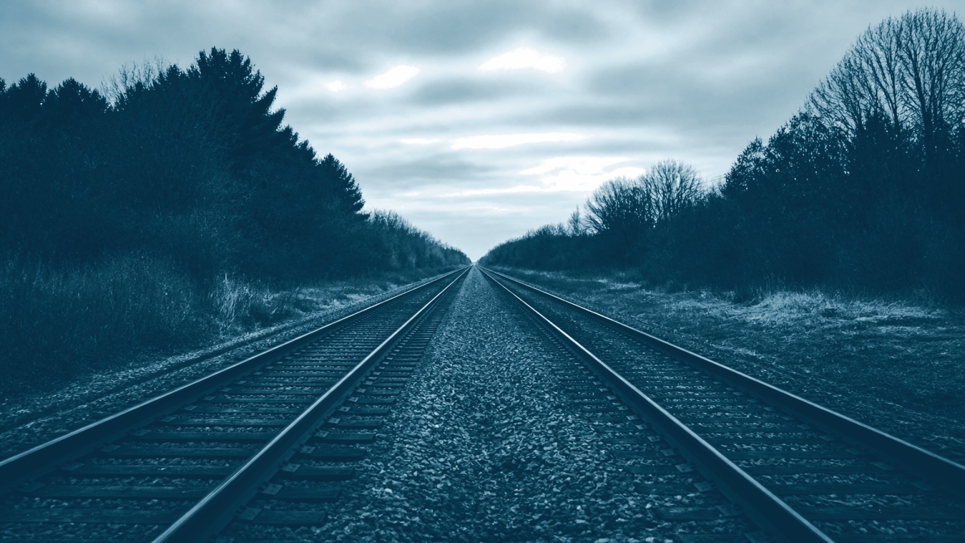 Trilhos de trem convergindo para um único ponto no horizonte