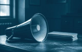 Megafone silencioso ao lado de envelopes fechados sobre a mesa