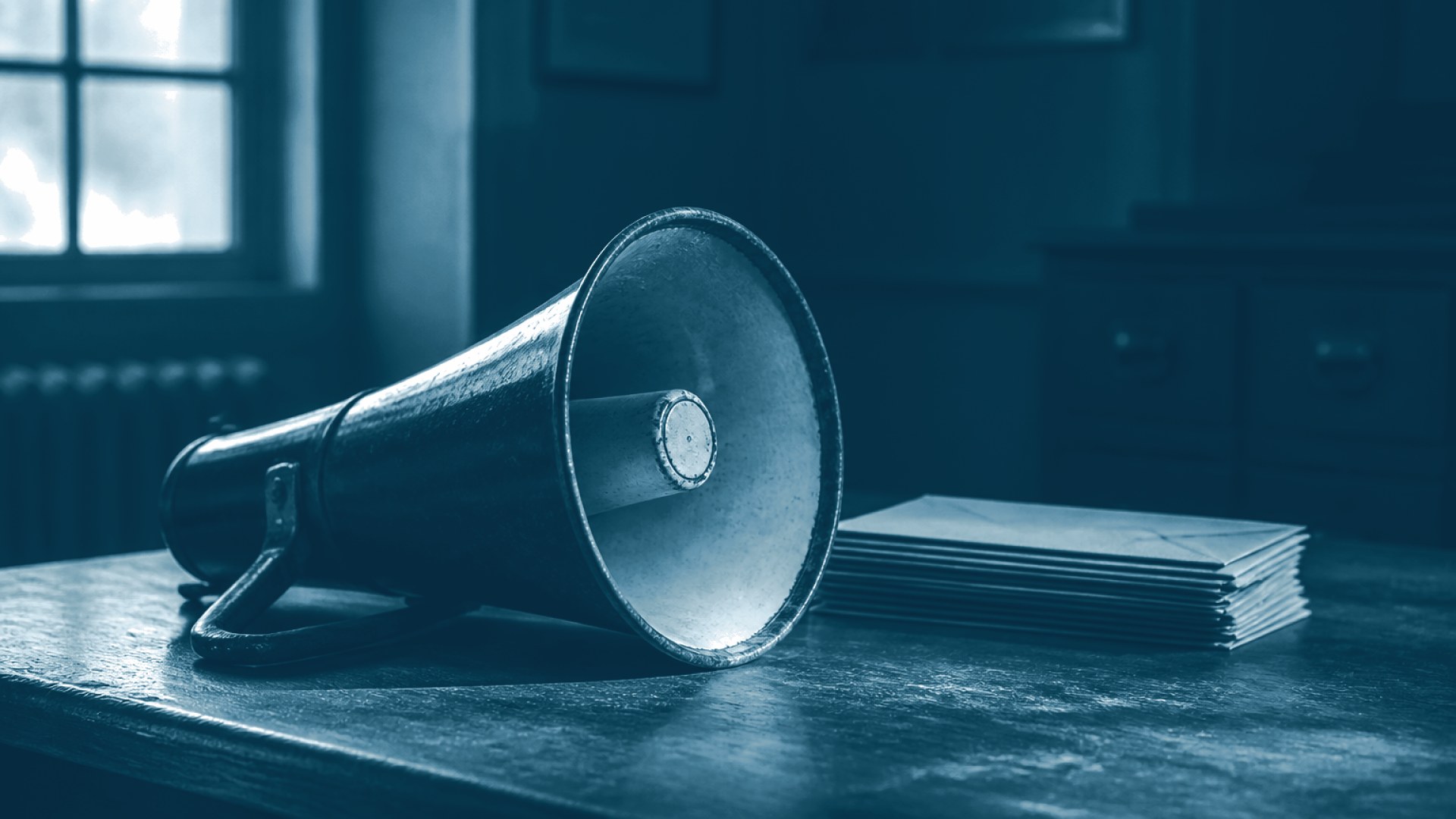 Megafone silencioso ao lado de envelopes fechados sobre a mesa
