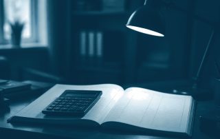 Calculadora pousada sobre livro-razão de páginas em branco e vazias