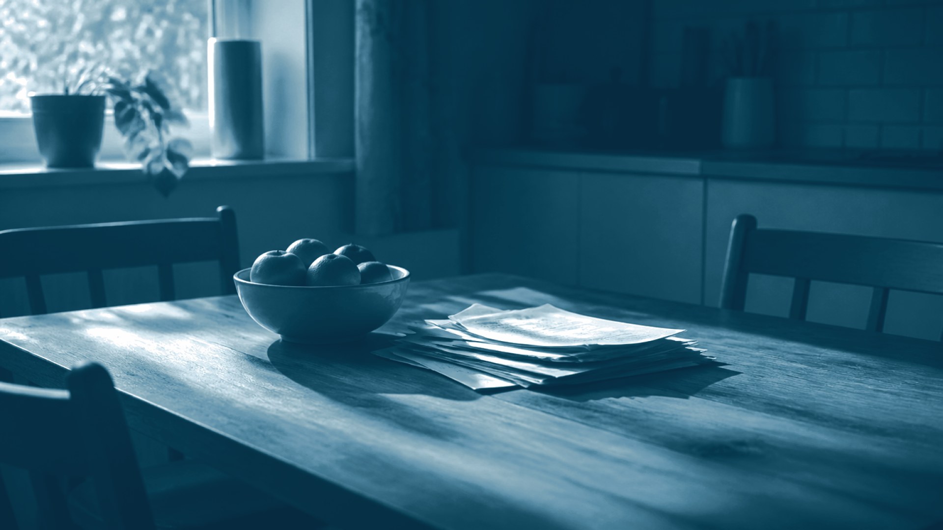 Mesa de cozinha com contas e uma tigela modesta de frutas